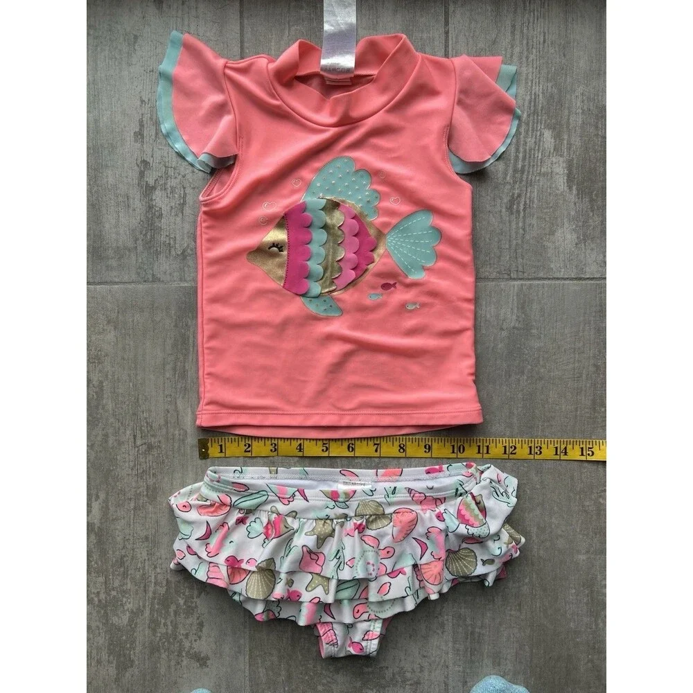 WETSUIT CLUB Two Piece Ruffle Fish Ocean Print Ruffle Bottoms Swim Suit 4T